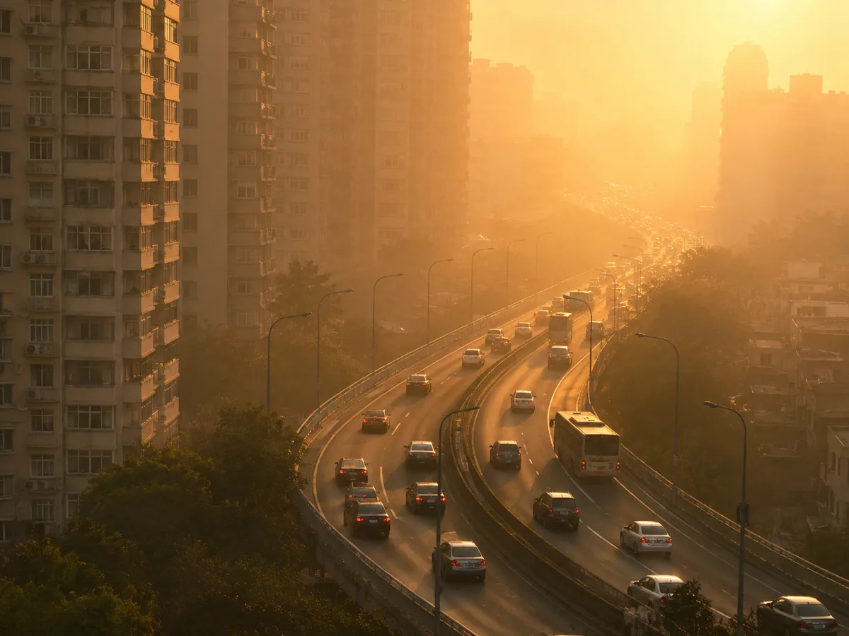 Thick orange smog over a city highway and factory chimneys at sunset